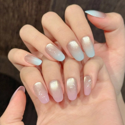 Unghie Finte a Pressione Sfumate Occhio di Gatto AB Rosa Blu Forma Mandorla Unghie Glitterate Riutilizzabili per Donna