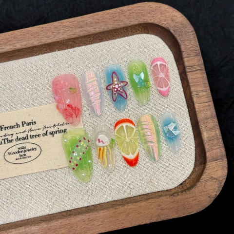 Uñas 3D de Resina Hechas a Mano Playa de Verano Estrellas de Mar Limón Diseño Brillante Relieve Uñas Postizas Reutilizables Mujer