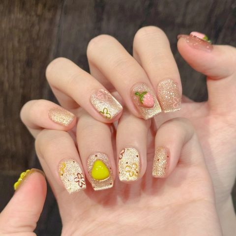 Unghie Finte Press-On 3D Frutta Fatte a Mano Fragola Ananas Limone Glitter Oro Champagne Estate Unghie Finte Accenti Floreali