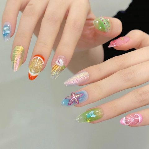 Uñas 3D de Resina Hechas a Mano Playa de Verano Estrellas de Mar Limón Diseño Brillante Relieve Uñas Postizas Reutilizables Mujer