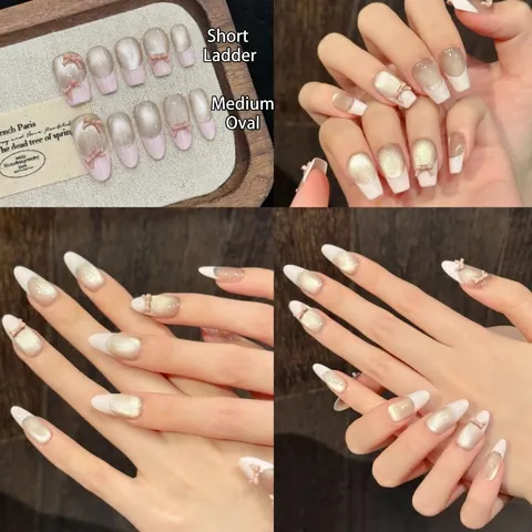 Handmade French Pink Press On Nails Magnetic Cat Eye Bowknot Design Sweet Elegant Artificial Nails Coffin Oval Fake Nails Kit