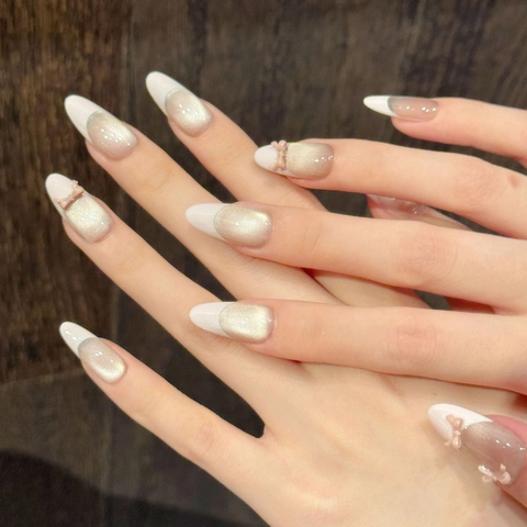 Handmade French Pink Press On Nails Magnetic Cat Eye Bowknot Design Sweet Elegant Artificial Nails Coffin Oval Fake Nails Kit