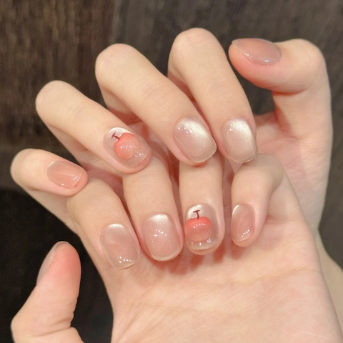 Handgefertigt Süß 3D Apfel Dekoration Rosa Katzenauge Aufklebenägel Glänzend Weich Nude Glitzer Falsche Nägel Für Damen Mode