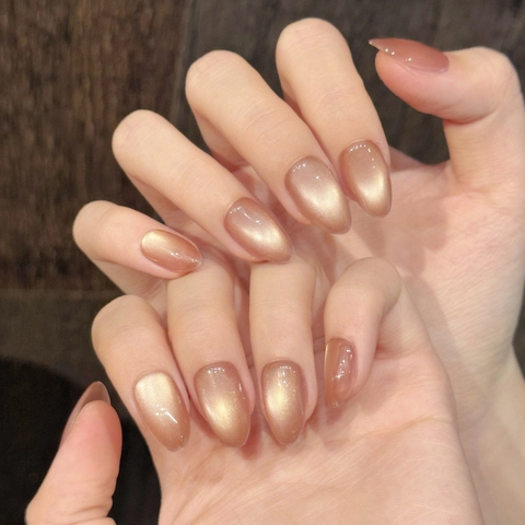 Unghie Finte Occhio di Gatto Oro Champagne Forma a Mandorla Magnetic Sparkle Manicure Elegante Fatta a Mano per Donna Uso Quotidiano