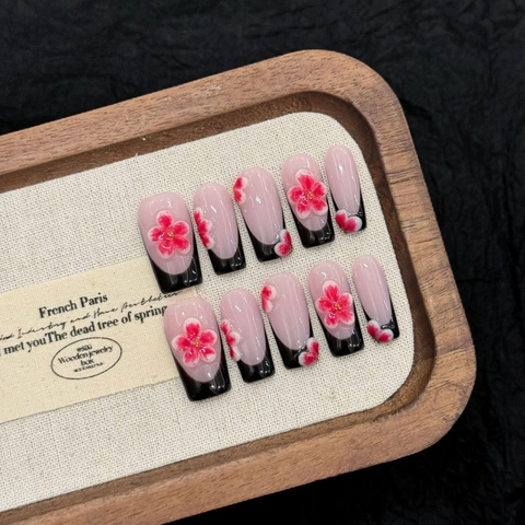 Uñas Postizas Talladas en 3D de Flor de Cerezo Hechas a Mano Negro French Ballerina Largo Ataúd Uñas Falsas para Mujer Set