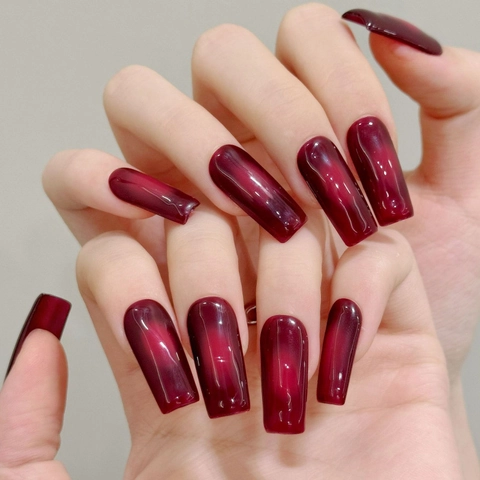 Handmade Blood Red Gradient Blush Press On Nails Cat Eye Wine Red Long Square Ballerina Fake Nails For Women Daily Party