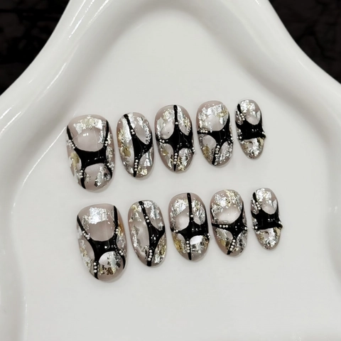 Handgefertigte Silber Rissig Künstliche Fingernägel Cool Y2K Stil Galaxy Stern Folie Almond Form Falsche Nägel Für Damen
