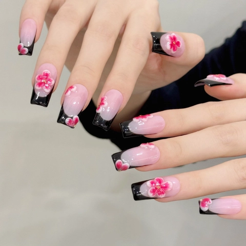Uñas Postizas Talladas en 3D de Flor de Cerezo Hechas a Mano Negro French Ballerina Largo Ataúd Uñas Falsas para Mujer Set
