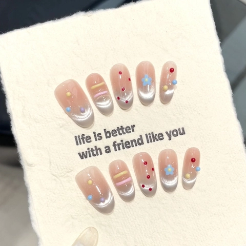 Handmade Cat Eye Press On Nails Nude Pink Silver Gradient 3D Flower Dots Decorative Artificial Nails For Women Sweet Manicure Accessory