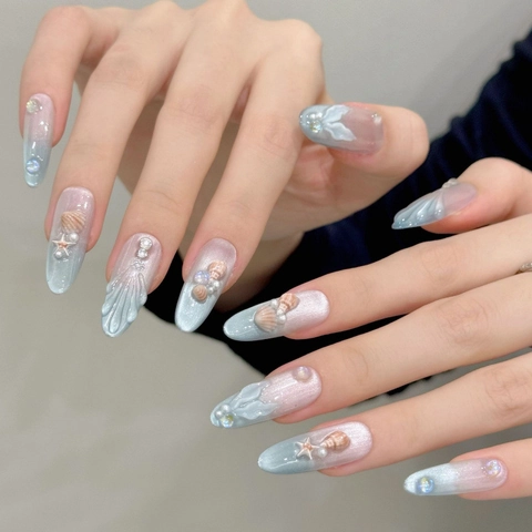 Unghie a Pressione Fatte a Mano Tema Oceano Sfumatura Blu Rosa 3D Conchiglia Stella Marina Perla Artificiale Strass Unghie Finte