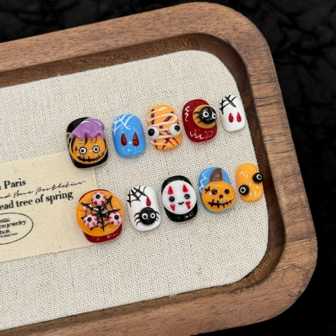 Uñas Postizas Halloween Resina 3D Relieve Diseño Calabaza Araña Manicura Pintada a Mano para Mujer Decoración Fiesta