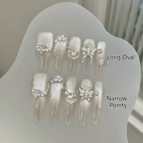 Uñas Postizas Hechas a Mano Ojo de Gato Mariposa Diamante Forma Almendra Larga Stiletto Perla Artificial Lujo Para Mujer Boda