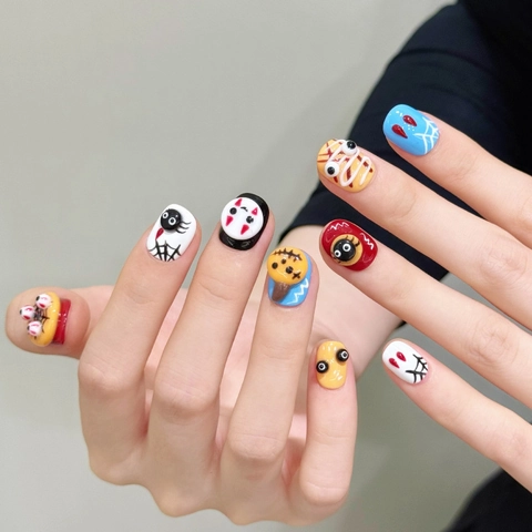 Uñas Postizas Halloween Resina 3D Relieve Diseño Calabaza Araña Manicura Pintada a Mano para Mujer Decoración Fiesta