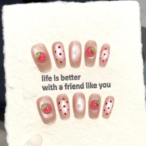Uñas Postizas de Fresa Ojo de Gato Hechas a Mano Con Decoraciones 3D Dulces Cortas Cuadrado Redondeado Para Mujer Manicura