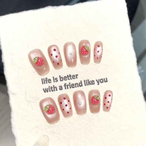 Uñas Postizas de Fresa Ojo de Gato Hechas a Mano Con Decoraciones 3D Dulces Cortas Cuadrado Redondeado Para Mujer Manicura