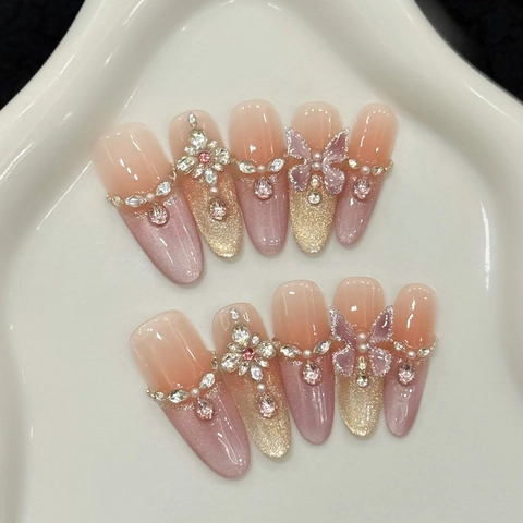 Handmade 3D Butterfly Press On Nails Zirconia Flower Rhinestone Pink Purple Gradient Cat Eye Almond False Nails For Women