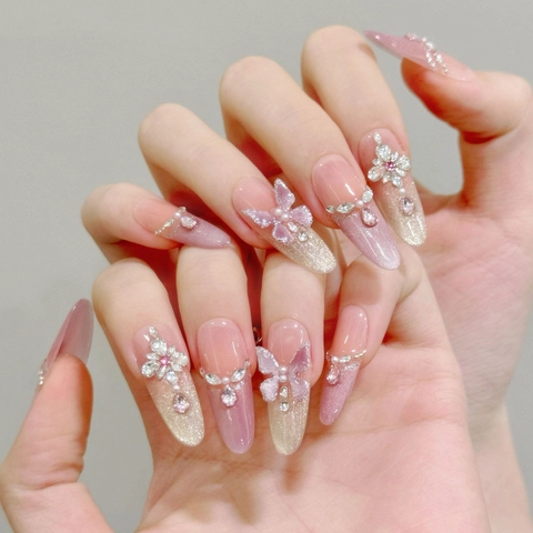 Handmade 3D Butterfly Press On Nails Zirconia Flower Rhinestone Pink Purple Gradient Cat Eye Almond False Nails For Women