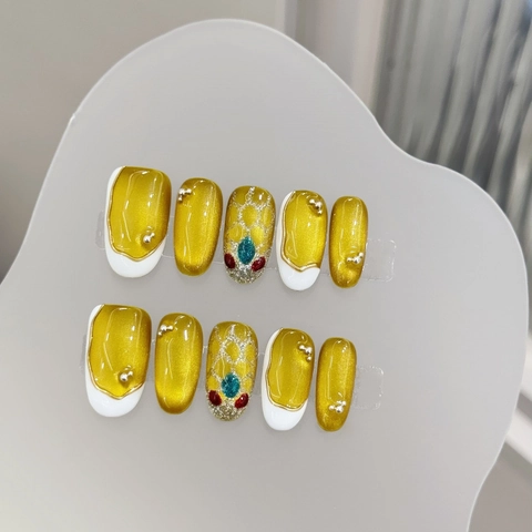 Unghie Finte Artigianali Lusso Giallo Oro Occhio Di Gatto Con Strass Design Francese Bianco Unghie Artificiali Per Donna
