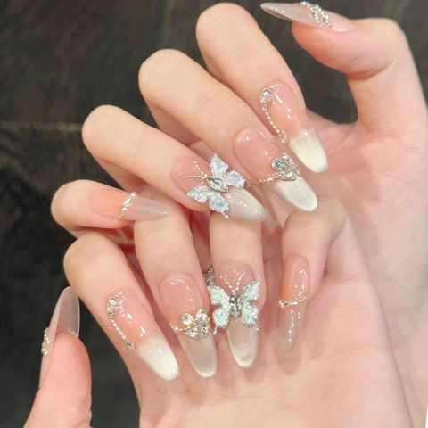 Handgefertigte 3D Schmetterling Katzenauge Künstliche Nägel Verlauf Mandel Falsche Nägel Mit Strass Künstliche Perle Luxus Damen Nagel