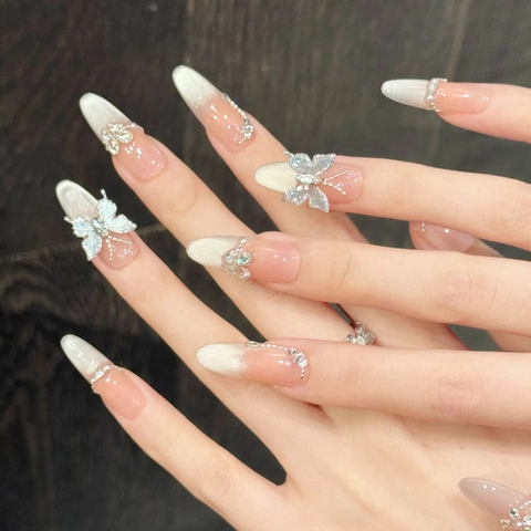 Handgefertigte 3D Schmetterling Katzenauge Künstliche Nägel Verlauf Mandel Falsche Nägel Mit Strass Künstliche Perle Luxus Damen Nagel