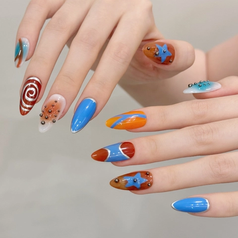 Cyberpunk Handgemaakte Multicolor Ster Werveling Press On Nagels Metaalachtig 3D Kralen Amandel Falsche Nagels Vrouwen Feest