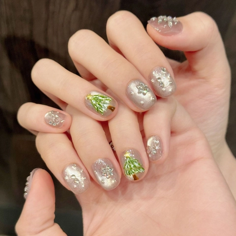 Handmade Christmas Press On Nails Snowflake Rhinestone Cat Eye Artificial Nail Tips Set For Women Holiday Party Manicure Decoration