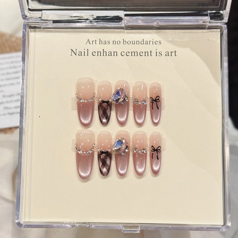 10 Pcs Handmade Cat Eye Press On Nails Pink Gradient Bow Knot Checkered Design Long Oval False Nails With Rhinestone Glass Beads