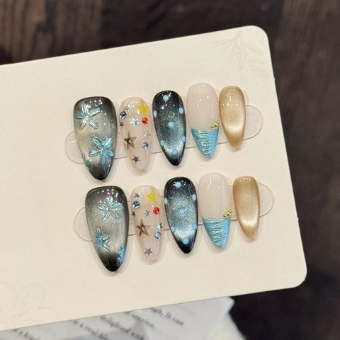 Luxus Handgefertigte Kunstnägel Cat Eye Sternenmuster Lange Mandelform Strass Falsche Nägel Für Damen Party Schmuck