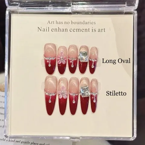 Handmade Wine Red Gradient Cat Eye Press On Nails With 3D Floral Carving Rhinestone Elegant Long Oval Stiletto Fake Nails For Women