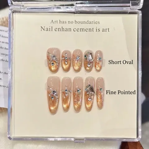 Unghie Finte Artigianali Oro Champagne Occhio Di Gatto Sfumato 3D Strass Croce Decorativo Unghie Di Moda Per Donne