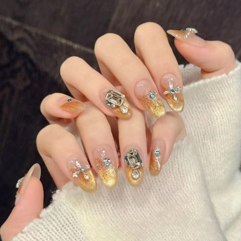 Unghie Finte Artigianali Oro Champagne Occhio Di Gatto Sfumato 3D Strass Croce Decorativo Unghie Di Moda Per Donne