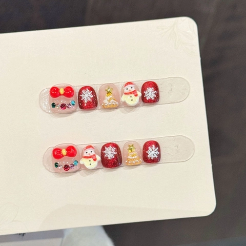 Kinder Weihnachten 3D Handgefertigt Künstliche Nägel Rot Weiß Schneemann Baum Schleife Kurz Rund Kunstnägel Für Mädchen Party
