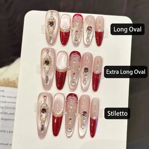 Uñas Postizas de Lujo Hechas a Mano Ojo de Gato Rojo Vino Diseño Francés Con Zirconia Perla Artificial Almendra Larga Uñas Postizas