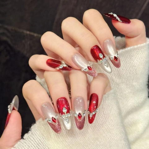 Uñas Postizas de Ojo de Gato Rojo Hechas a Mano Lujo Ovalado Largo con Diamantes Decorativos para Boda Mujer