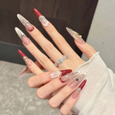 Uñas Postizas de Lujo Hechas a Mano Ojo de Gato Rojo Vino Diseño Francés Con Zirconia Perla Artificial Almendra Larga Uñas Postizas