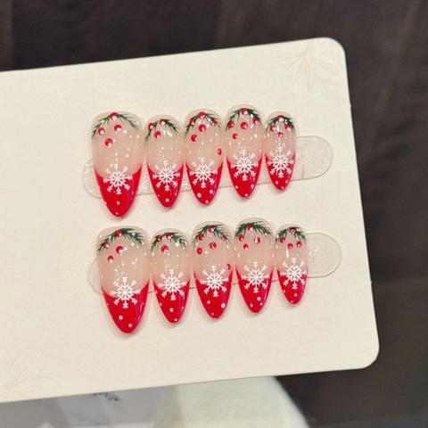 Uñas Postizas Hechas a Mano Navidad Copo de Nieve Rojo Blanco Francesas Forma Almendra Puntas de Uñas Reutilizables Mujer