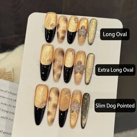 Faux Ongles à Coller Faits à la Main Or Noir Œil de Chat Avec Strass Floraux 3D Motif Léopard Style Français Luxueux Élégant