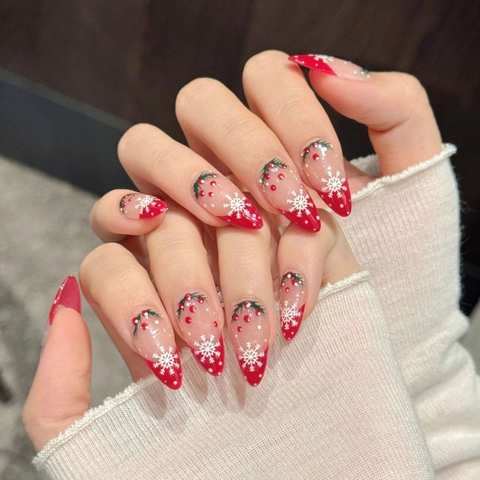 Uñas Postizas Hechas a Mano Navidad Copo de Nieve Rojo Blanco Francesas Forma Almendra Puntas de Uñas Reutilizables Mujer