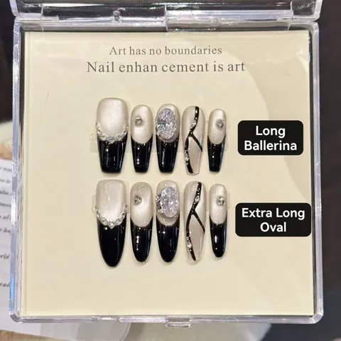 Handmade Cat Eye Press On Nails Long Coffin Oval Fake Nails With Rhinestones Luxurious Black White Hand Painted Glue On Nails For Women