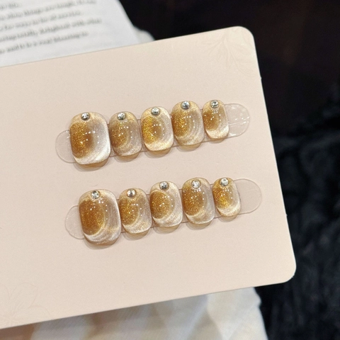 Handmade Cat Eye Press On Nails Champagne Gold Magnetic Short Square Round Nails With Rhinestone Artificial Nail Art For Women