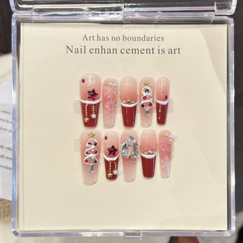 Set di Unghie Finte Natalizie Fatte a Mano Rosso Bianco Sfumato Fiocco di Neve Albero 3D Strass Mandorla Bara per Donna