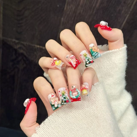 Uñas Postizas 3D de Navidad Hombre de Jengibre Reno Árbol Diseño Hecho a Mano Rojo Verde Blanco Uñas para Mujer Fiesta