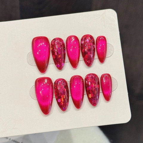 Uñas Postizas Hechas a Mano Magenta Ojo de Gato Lentejuelas Diamante de Imitación Incrustado Stiletto Cortas Cuadradas Ovaladas