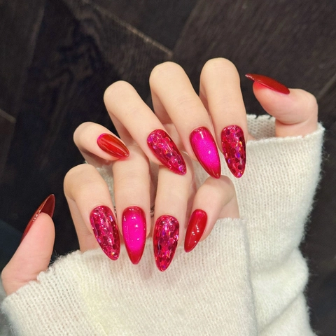 Uñas Postizas Hechas a Mano Magenta Ojo de Gato Lentejuelas Diamante de Imitación Incrustado Stiletto Cortas Cuadradas Ovaladas