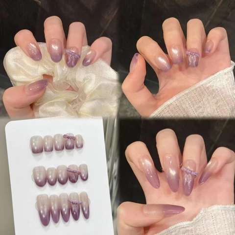 Unghie Finte a Pressione Fatte a Mano Viola Lavanda Sfumato Occhio di Gatto Con Fiocco 3D Corte e Lunghe Ovali per Donna