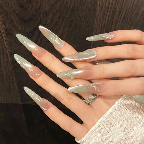 Handgefertigte Katzenauge Verlauf Aufklebbare Nägel Luxus Künstliche Perle Strass Dekor Lange Stiletto Mandelform Künstliche Nägel