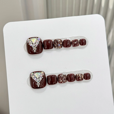 Uñas Postizas a Presión para Dedos del Pie Borgoña Marrón Hecho a Mano Diamantes de Imitación Brillo para Mujer Boda