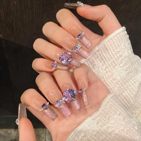 Handmade Luxury Press On Nails Pink Purple Gradient Cat Eye Coffin Stiletto Rhinestone Artificial Pearl Inlaid False Nails