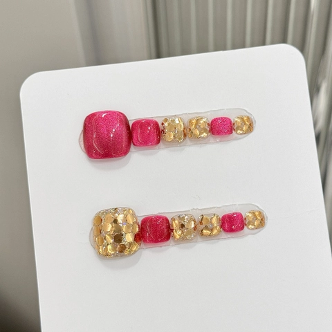 Handmade Rose Red Cat Eye Press On Toenails With Gold Hexagon Sequin Glossy False Toe Nails For Women Summer Foot Decor