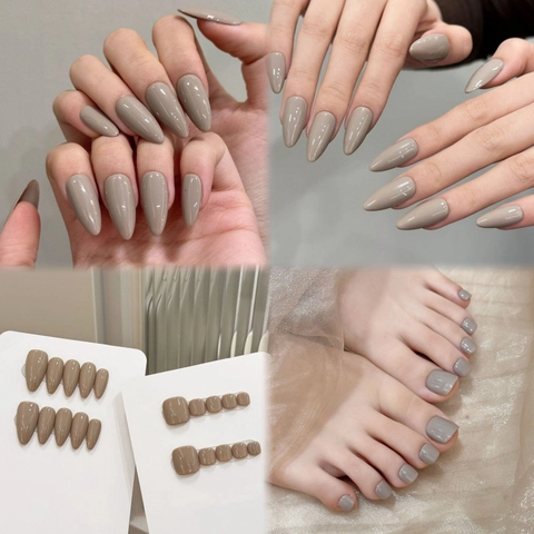 Unghie Finte Lucide Tortora a Pressione Mandorla per Mani e Quadrate per Piedi Grigio Minimalista per Donna